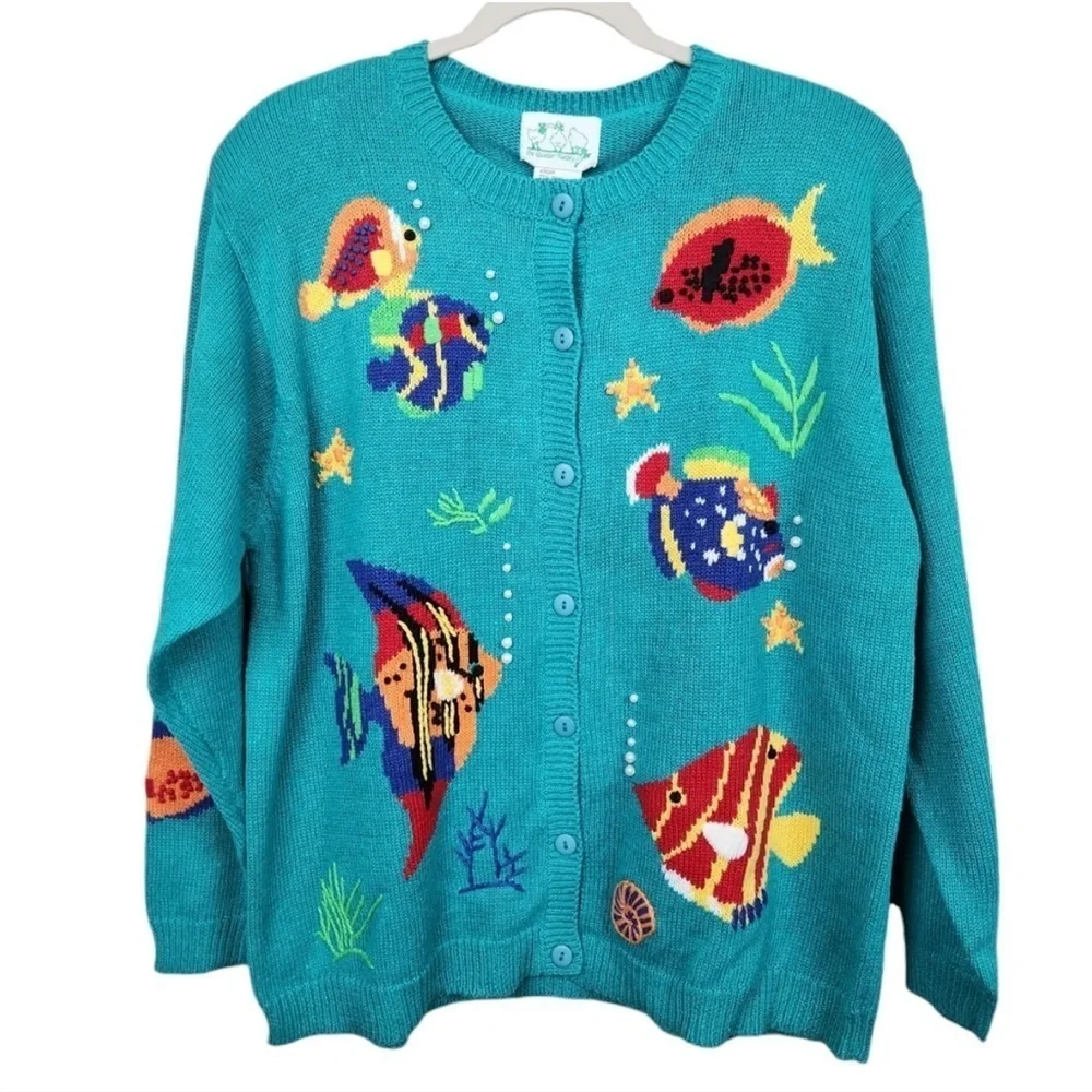 Quacker Factory Vintage Fish Pearl Cardigan Sweater Women Sz Small